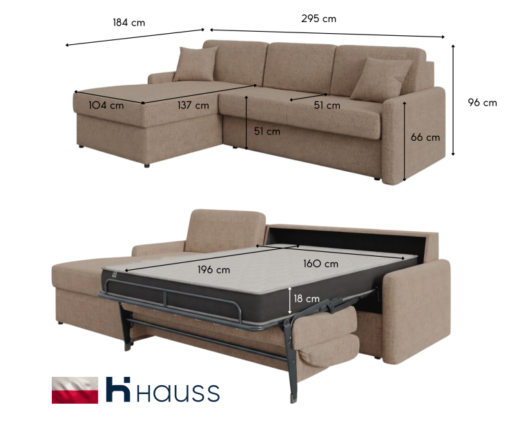 Narożnik z materacem Hauss Veloria stelaż włoski wymiar 160x196 - sofazmateracem.pl.png