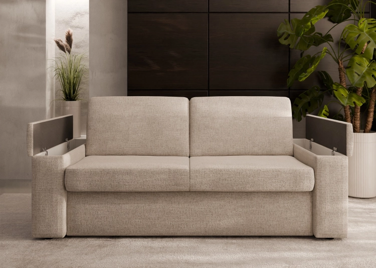 Sofa z bocznymi pojemnikami i 18 cm materacem 140x200 do spania codziennego Hauss Veloria widok od przodu na pojemniki.jpg