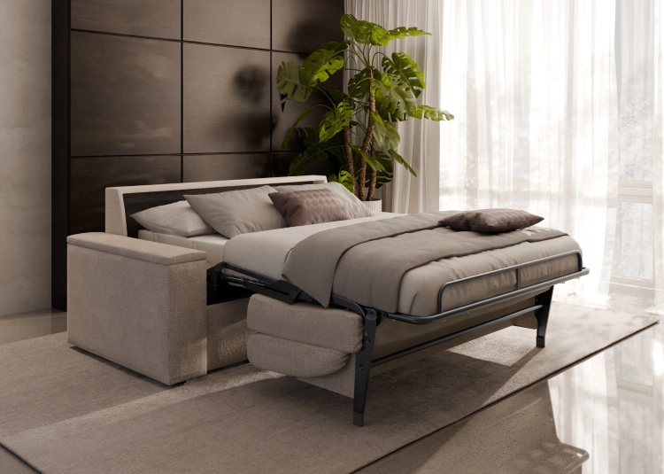 Sofa z bocznymi pojemnikami i 18 cm materacem 140x200 do spania codziennego Hauss Veloria  widok z pościelą.jpg