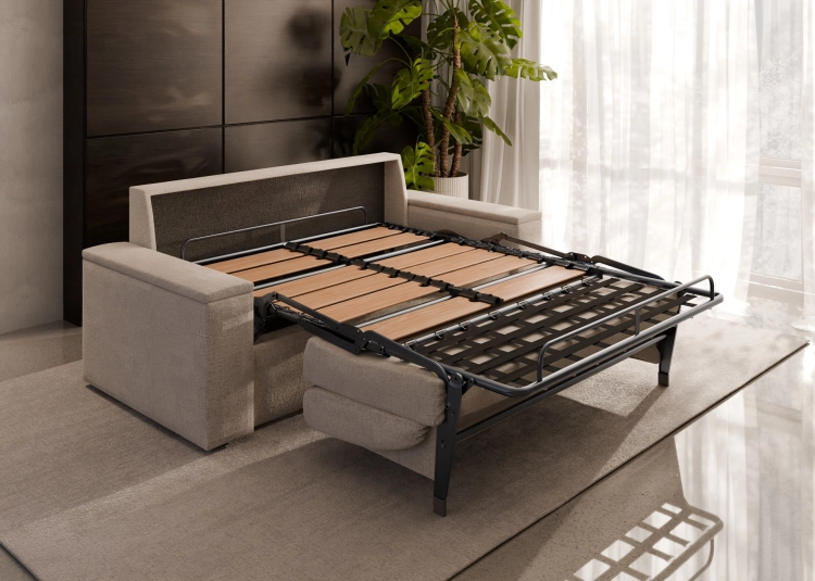 Sofa z bocznymi pojemnikami i 18 cm materacem 140x200 do spania codziennego Hauss Veloria widok stelaża.jpg