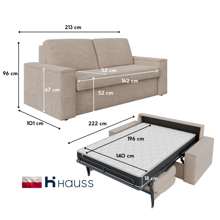Sofa z bocznymi pojemnikami i 18 cm materacem 140x200 do spania codziennego Hauss Veloria wymiary.jpg