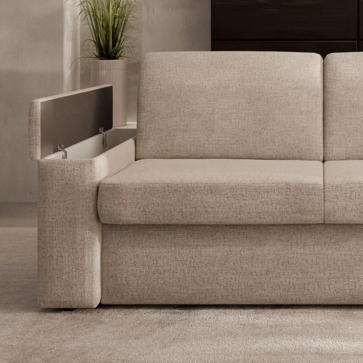 Sofa z bocznymi pojemnikami i 18 cm materacem 140x200 do spania codziennego Hauss Veloria zbliżenie na pojemnik.jpg