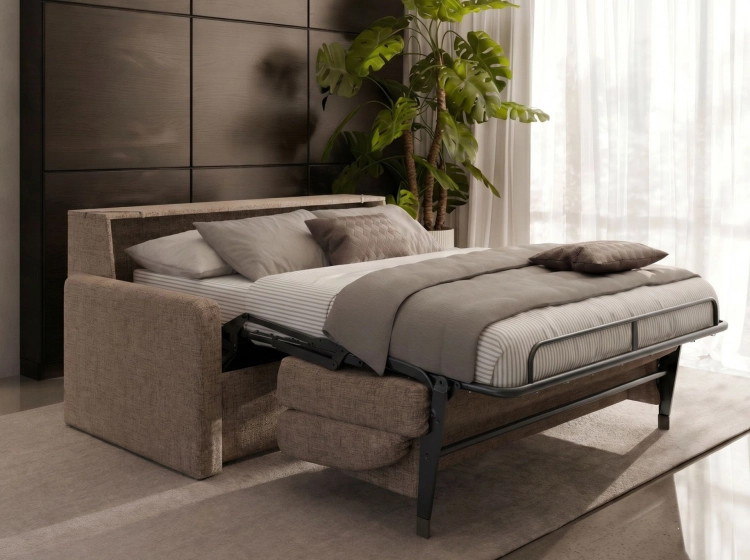Sofa z 18 cm materacem 160x196 cm i pojemnikiem brązowa Veloria Hauss rozłozona.jpg