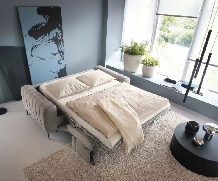 Kanapa z materacem rozkładana Gandi 140x196 cm taupe Onatrio 03 widok z góry na funkcje spania.jpg