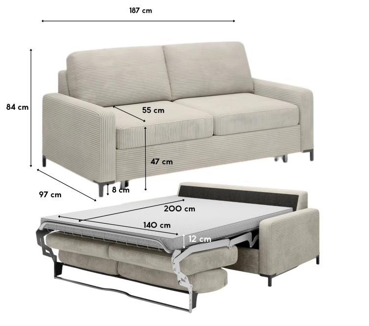 Sofa z funkcją spania 140x200 Wersal Tino bezowa Poso 100 wymiary.webp