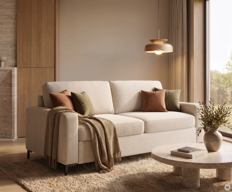 Sofa z funkcją spania 140x200 Wersal Tino bezowa Poso 100 widok po skosie.webp