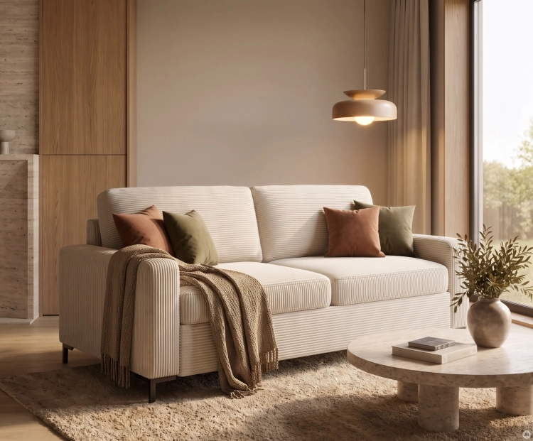 Sofa z funkcją spania 160x200 Wesal Tino beżowa Poso 100 widok po skosie.webp